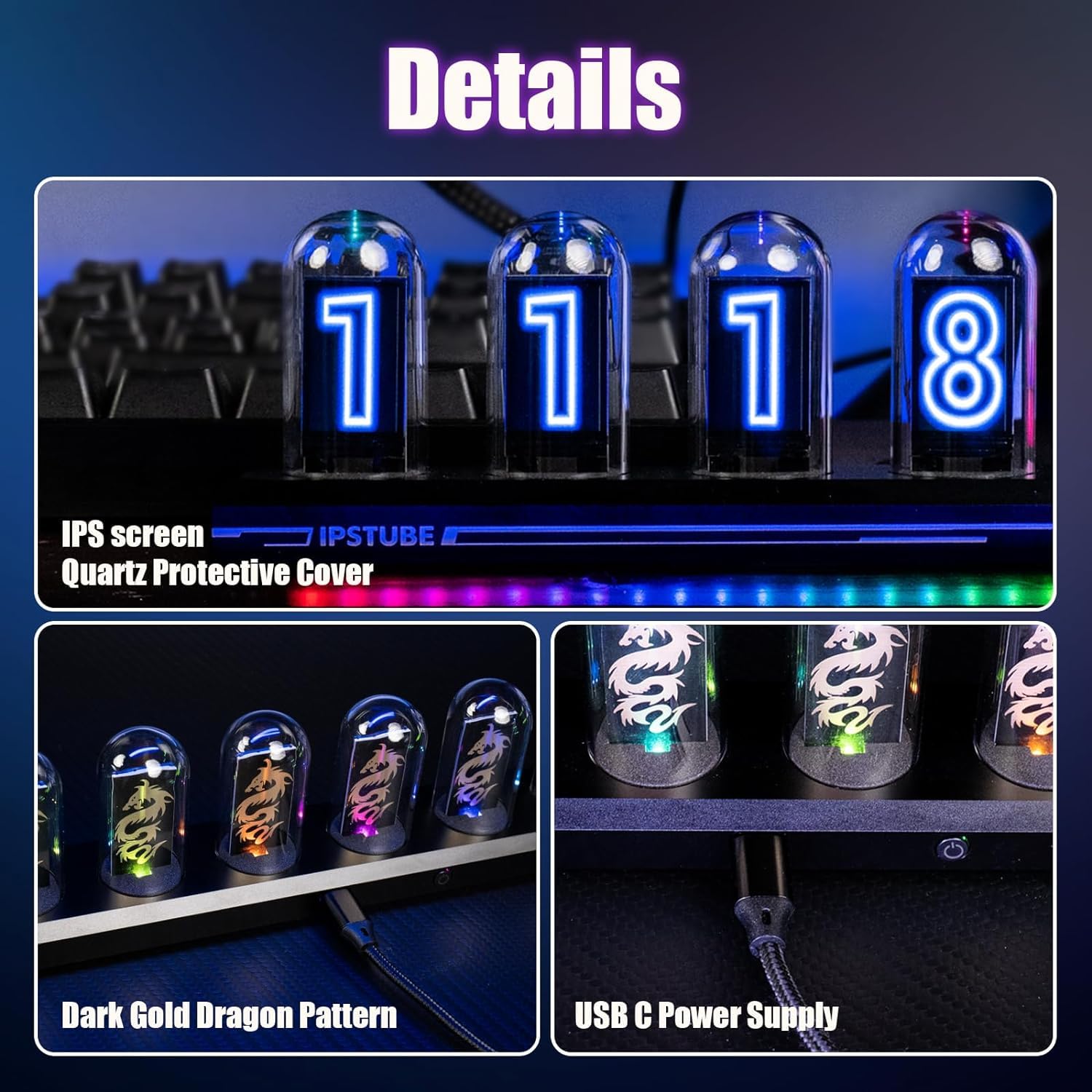 PRECHANA IPS DIY Nixie Tube Clock Electronic Simulation With 6 Bit LCD Screen 12/24 Hours RGB Backlit Desktop Decoration Gifts - Digital, Glass, (RGB) (Nixi Tube Clock),Black 1