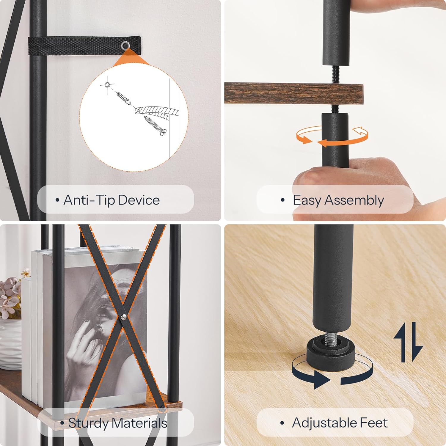 HOOBRO Corner Bookshelf, 6-Tier L-Shaped Bookcase, Industrial Open Display Shelf Tall Storage Organizer, Vertical Storage Rack, for Living Room, Home Office, Rustic Brown and Black BF61SJ01