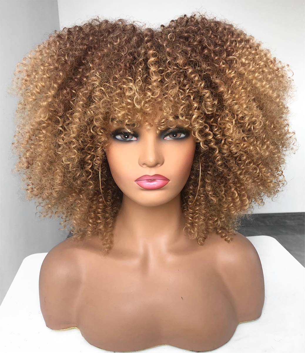 ANNISOUL Curly Afro Wigs for Black Women Afro Kinky Curly Wig with Bangs No Glue,Full and Fluffy Like a Bomb for Daily and Work Ombre blonde