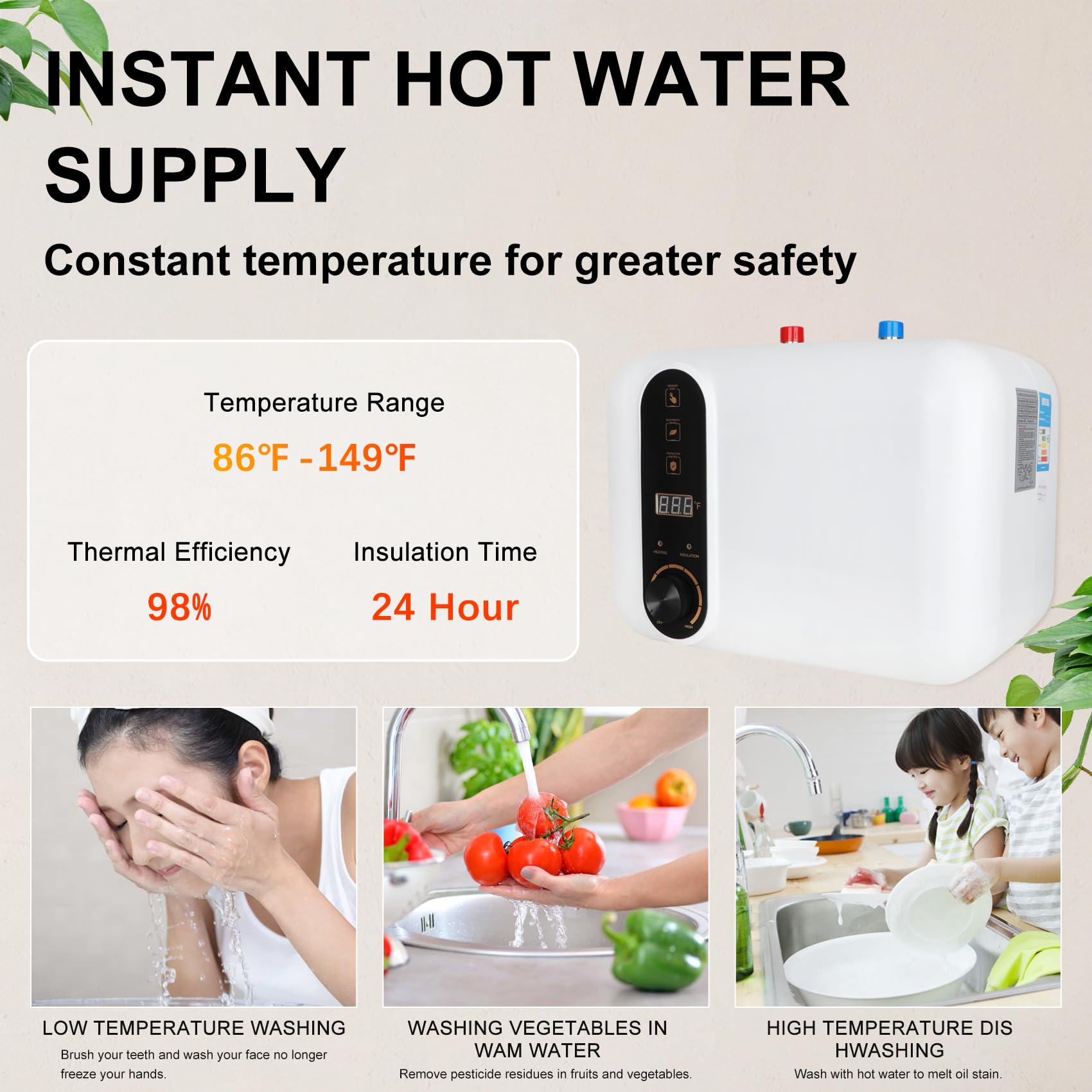 1.5KW 10L Water Heater Electric, 110V-120V Kitchen Under Sink Counter Hot  Water Heater, 2.6 Gallon Compact Size Instant Tank Hot Water Heater, 2 PC  16Long 1/2FIP Stainless Steel Water Hoses - Amazon.com