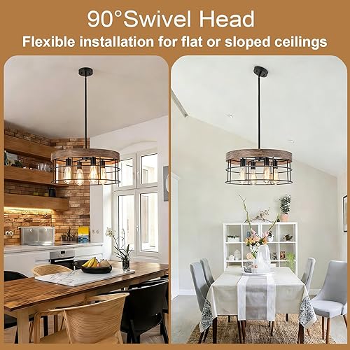 Miniatura 4 de Lámpara industrial de granja de 19.7 pulgadas, candelabros rústicos de tambor, textura de grano de madera clara y acabado de metal negro, lámpara