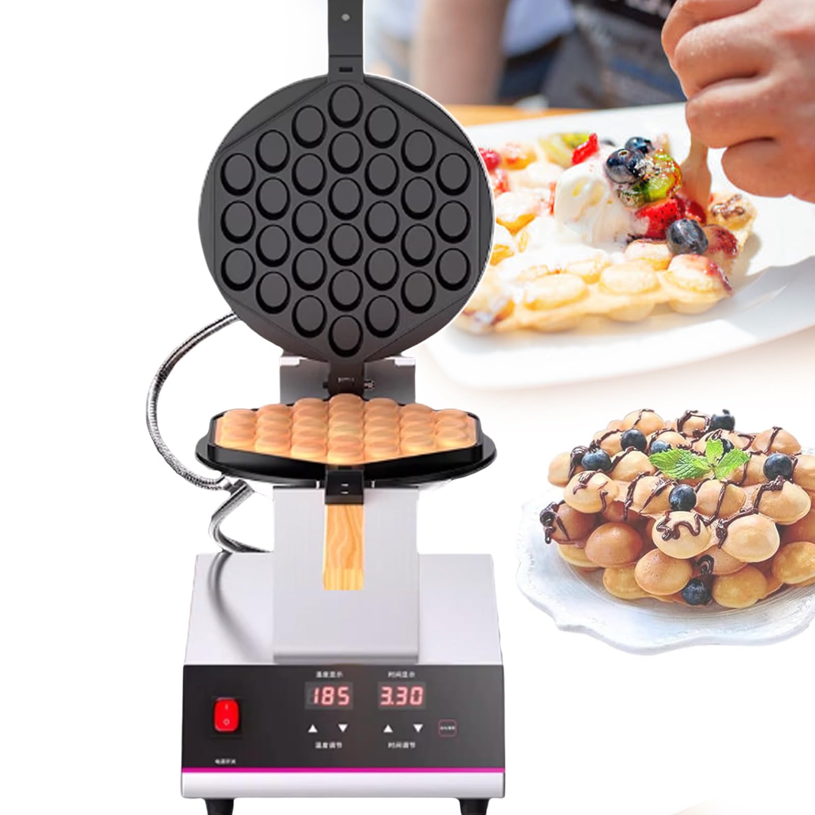Wafflera De Burbujas para Comida Callejera, con Rotación De 180°, Pantalla Digital Y Mango De Madera, Control De Temperatura De 50-250 °C Y Temporizador De 0-9 Min,SingleHead