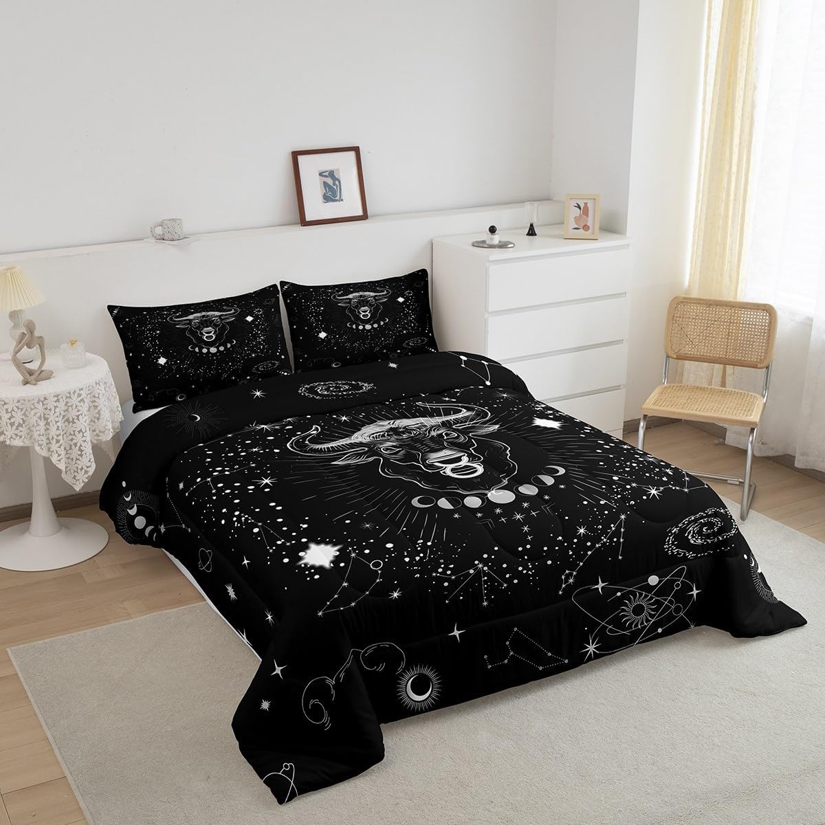 Erosebridal Taurus Comforter Set Queen Psychedelic Celestial Bedding Set, Trippy Galaxy Bedding Comforter Sets Twelve Constellation Zodiac Duvet Insert, Horoscope Moon Phase Quilted Duvet, Black White