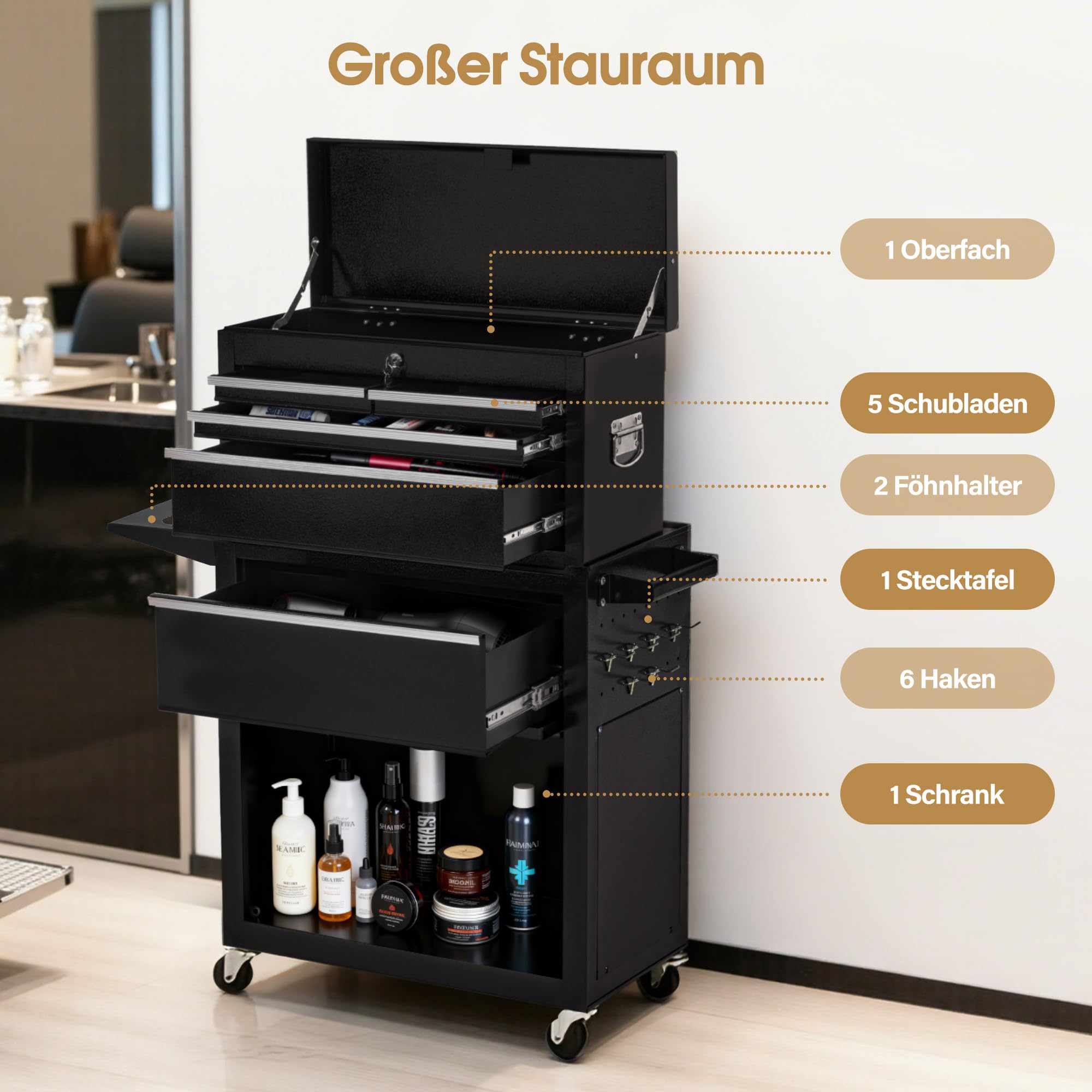 BarberPub 2 in 1 Friseurwagen mit 5 Schubladen & Schrank, abschließbar, Metall, Schwarz-Silber