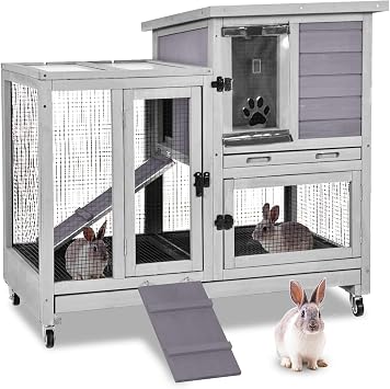 GUTINNEEN Indoor Rabbit Hutch Guinea Pig Cages with Chew-Proof Ramp, 2-Story Wooden Bunny House with Pull-Out Tray & Lockable Caster Wheels, Small Animal Cage for 2-4 Rabbits & Guinea Pigs Grey