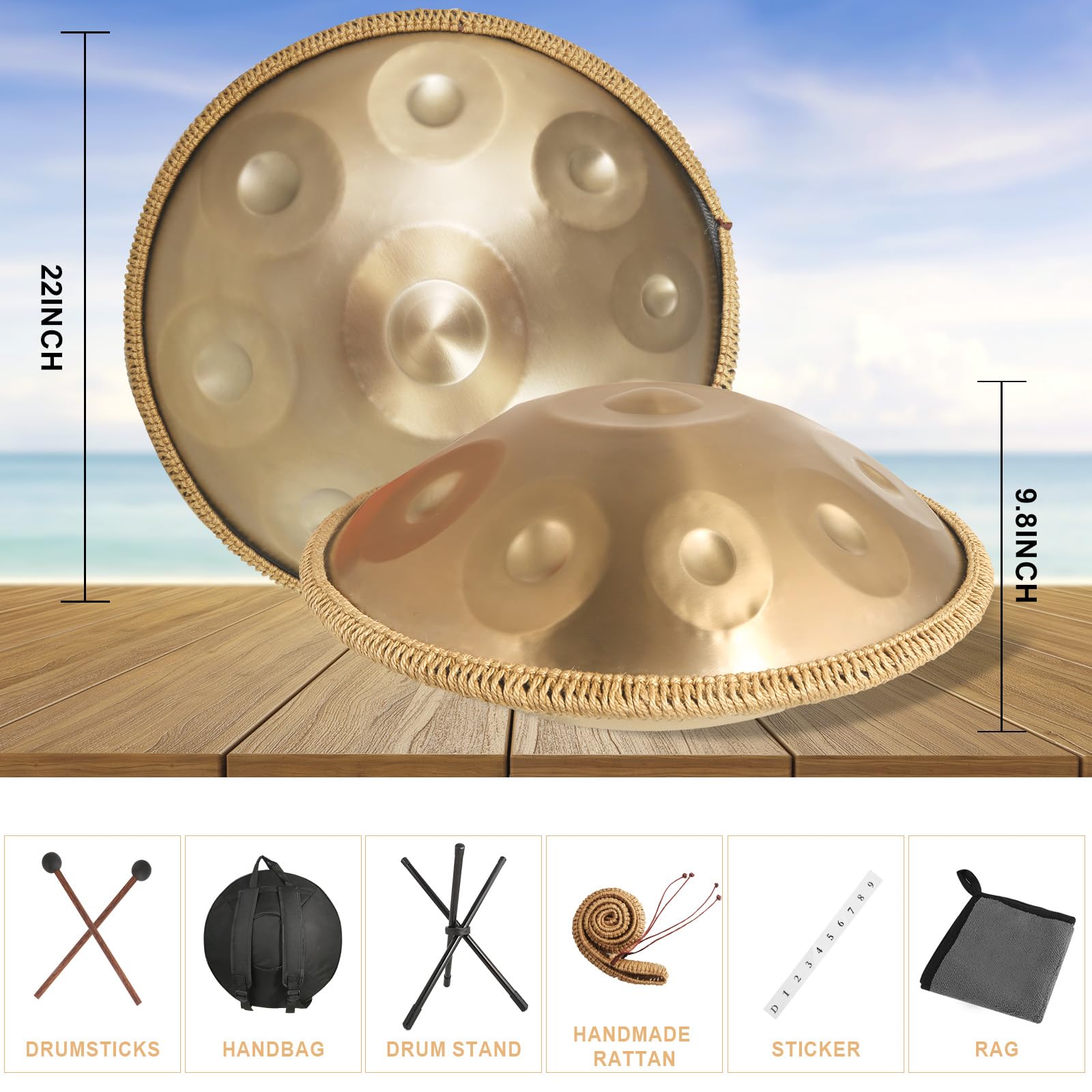 Handpan, Oro Handpan Strumento Musicale 22 Pollici 9 Note 432Hz Tongue Drum in Re Minore per Yoga, Meditazione con Bacchette da Borsetta, Supporto per Batteria, Straccio