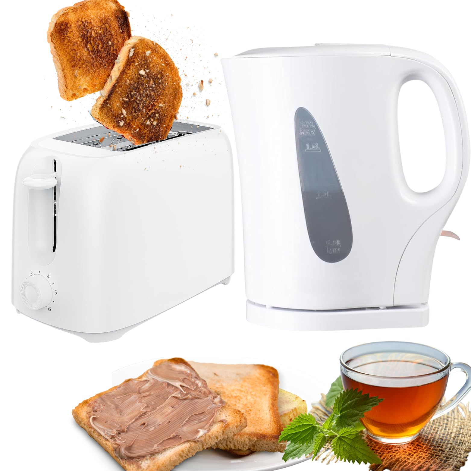 Trendiยฎ Electric Kettle & 2 Slice Bread Toaster Kitchen Combo Set | 2200W 1.7L Cordless Jug Kettle Boil Dry Protection & Auto Shut Off | 650W 6 Level with Browning Control & Crumb Tray (Clear-White)