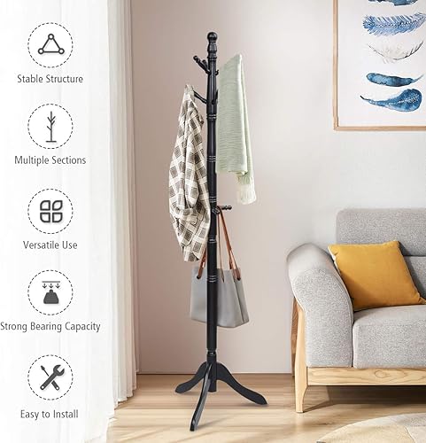 Miniatura 3 de Tangkula Perchero de madera independiente, altura de entrada ajustable con 9 ganchos y base estable de tres patas, perchero de madera de goma, para