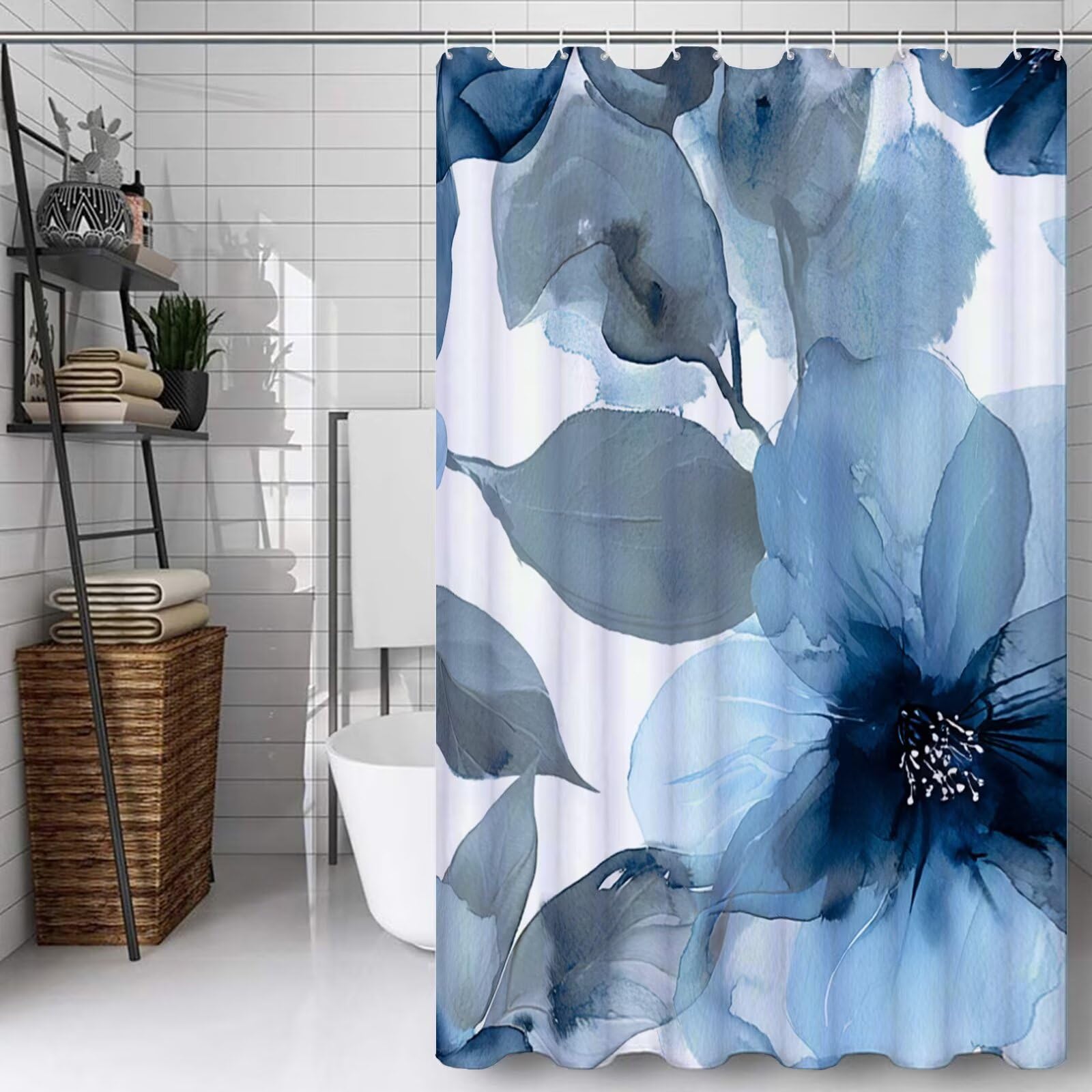 Rideau Douche 120x120cm Bleu Fleur en Polyester Imperméable