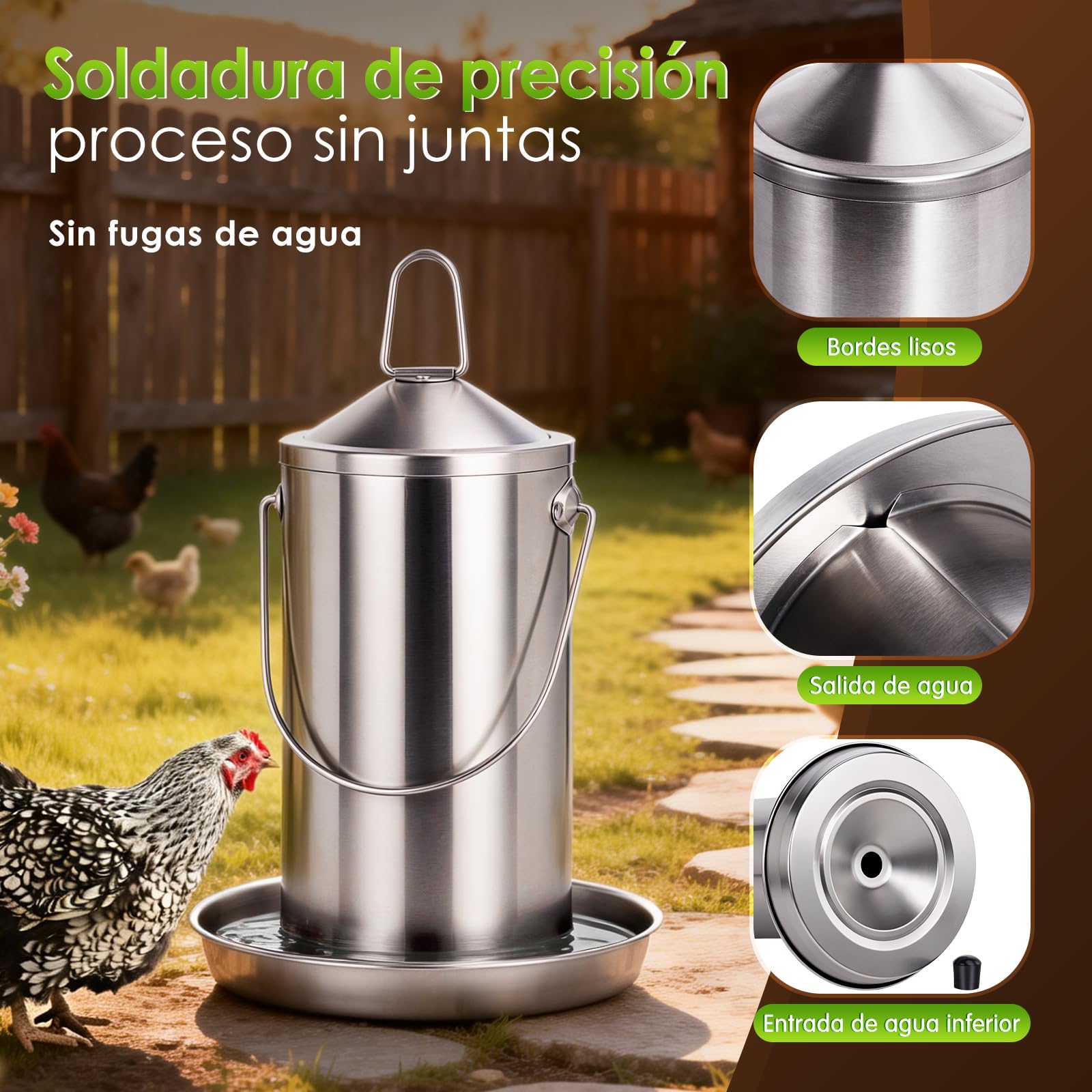Bebedero para Pollos de Acero Inoxidable 4 litros, dispensador de Agua para Aves con Recarga automática por Gravedad, Fuente de Agua para Colgar o Colocar en el Suelo, Ideal para Patos, Palomas