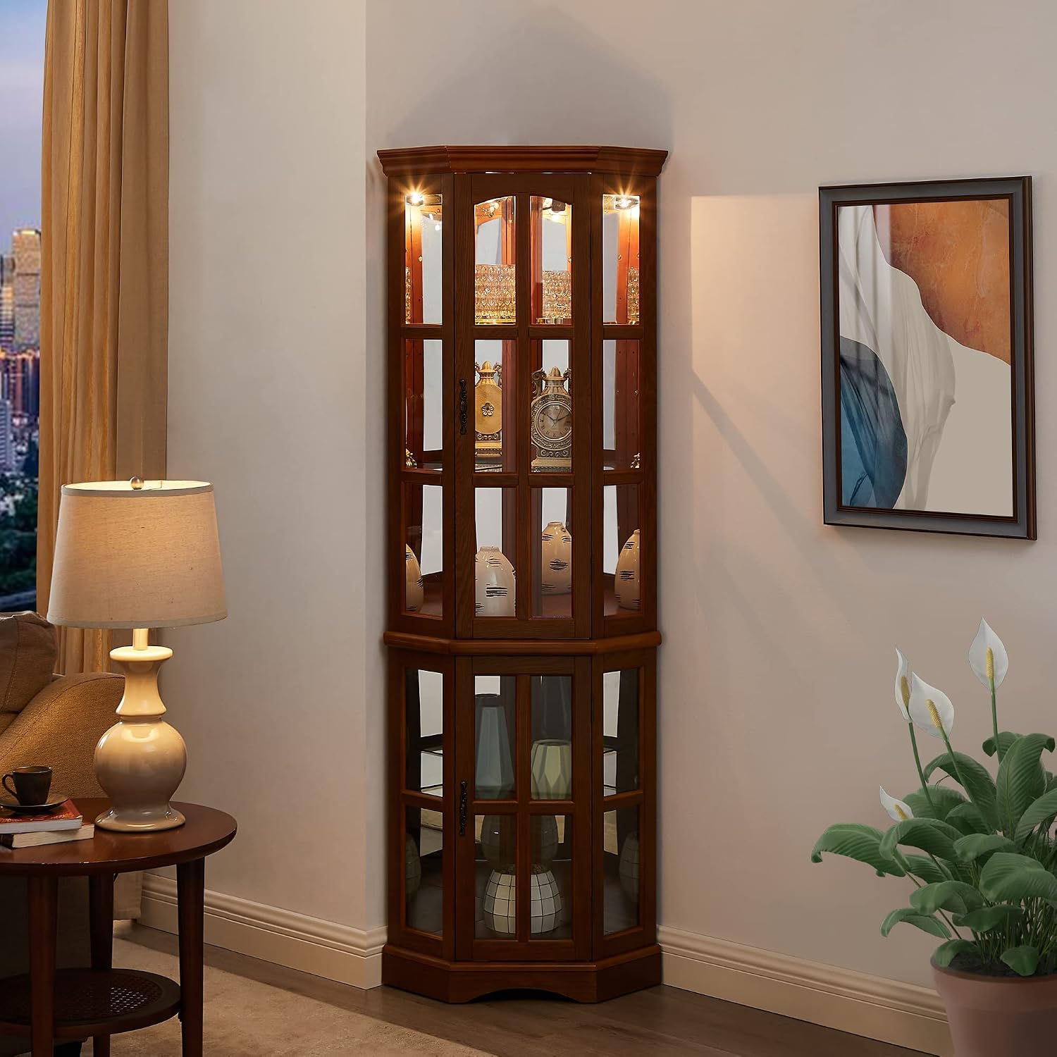 GOOD & GRACIOUS Corner Curio Cabinet with Lights, Adjustable Tempered Glass Shelves, Mirrored Back, Display Cabinet,Oak