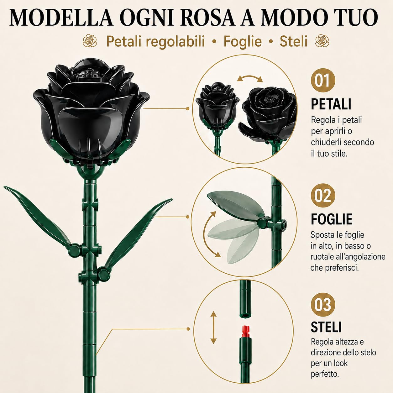 TYCOLE Rose Nere in Mattoncini, Bouquet Gotico, 12 Fiori, 512 Pezzi