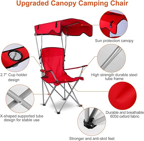 Miniatura 6 de Silla de camping con toldo, silla plegable para exteriores con parasol ajustable UPF 50+ y soporte para tazas, reclinable portátil para campamento,