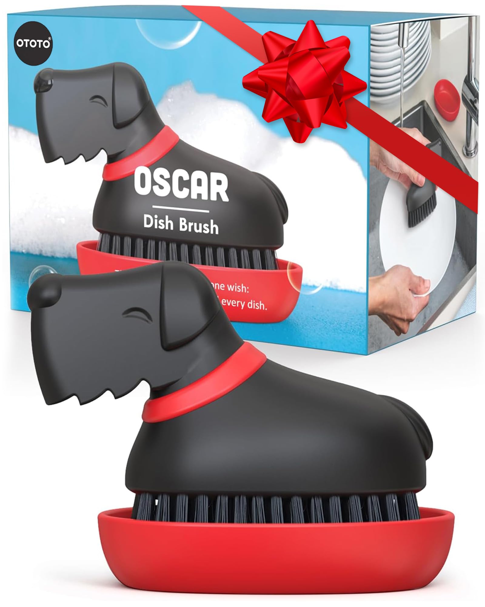 (NEW) OTOTO Oscar Dog Dish Brush - Dog Gifts, Daschund, Wiener Dog, Dish Scrub Brush, Dish Scrubber, Kitchen Vegetable Scrub Brush Palm Brush, White