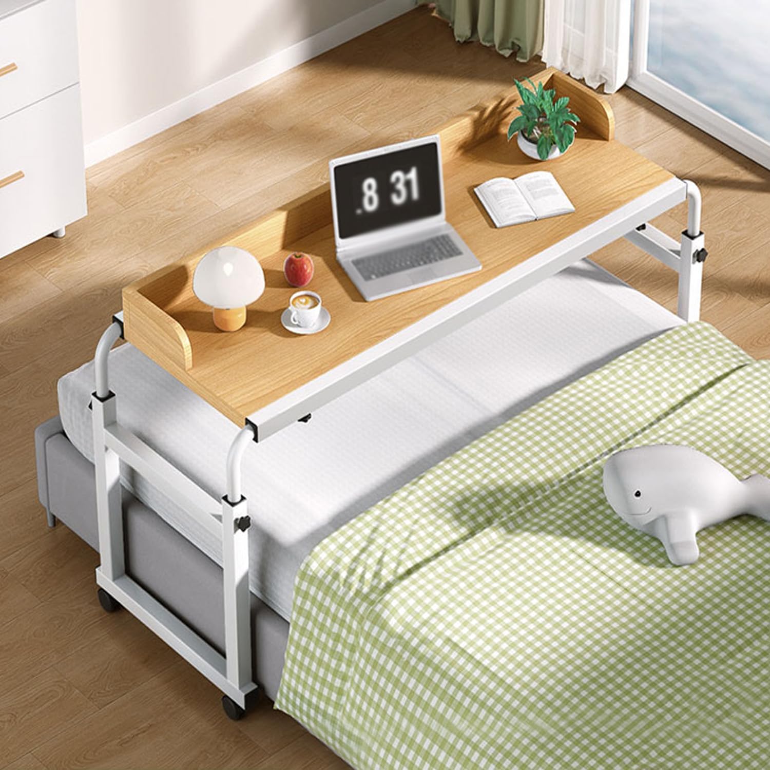 Crafting Table，Table On Wheels Foldaway Desk Reading Table Craft Desk Bed Laptop Table Folding Desk Height Adjustable Desk Work from Home Desk(Color:White+)