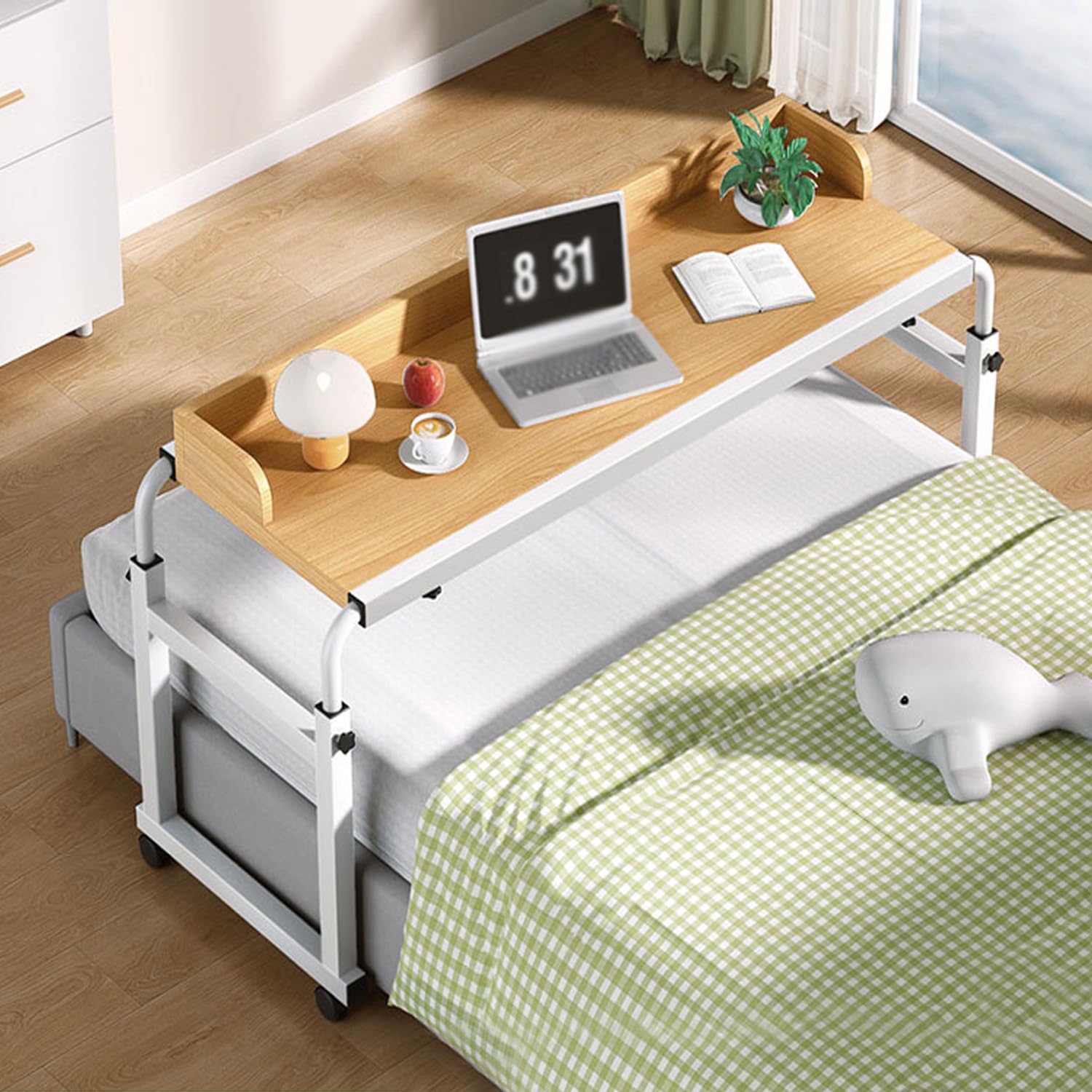GWWBD Computer Trolley,over Bed Tables With Wheels Hospital Table On Overbed Adjustable Height And Cup Holder Side Living Room Double(Color:Wood+)