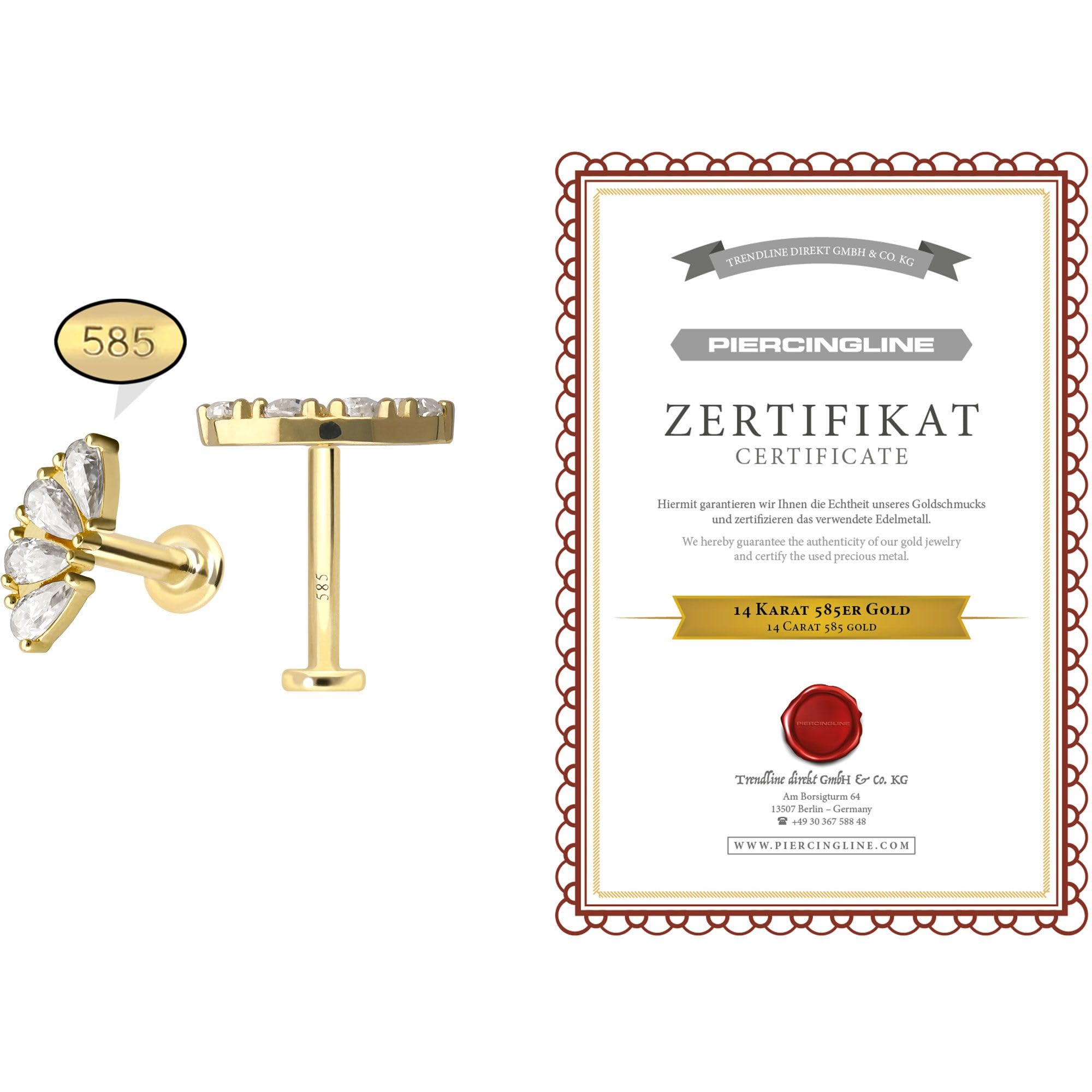 PIERCINGLINE Piercing Stecker 14 Gold Labret mit Innengewinde MOISSANIT-BOGEN 585er Gold - Roségoldfarben, Goldfarben, Silberfarben
