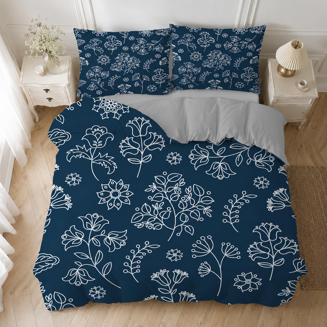 Bettwäsche 220x240 cm Blau Geblümt Bettwäsche-Sets Bettbezug 220 x 240 cm + 2 Kissenbezug 80x80 cm, Graue Pflanze Weich Mikrofaser Bettbezüge 3 Teilig mit Reißverschluss