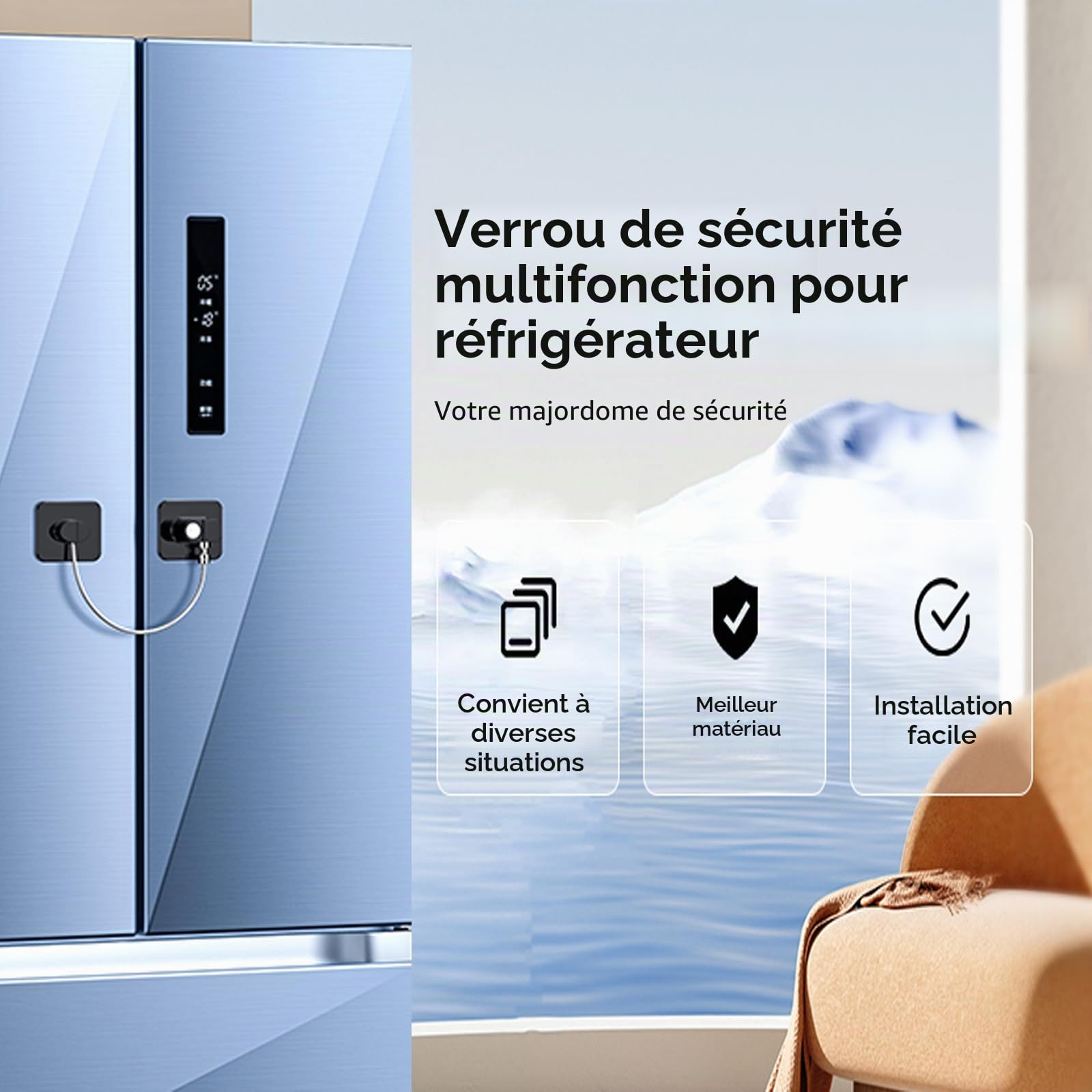 Lot de 2 Cadenas Frigo pour Bloque Réfrigérateur, Armoires et Tiroirs, Four, Fenêtres, Verrou Frigo Enfants Sans Percage ni Outils, Serrure Sécurité pour Bébés, Enfants et Adultes (Noir) (EU Brevet)