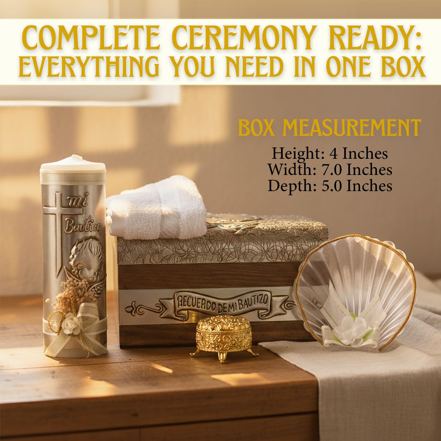 Ensemble de bougies de baptême pour garçons et filles dans une boîte de décoration de qualité supérieure avec serviette, chapelet et coquillage inclus – Velas para bautizo Recuerdos de bautizo – Kit