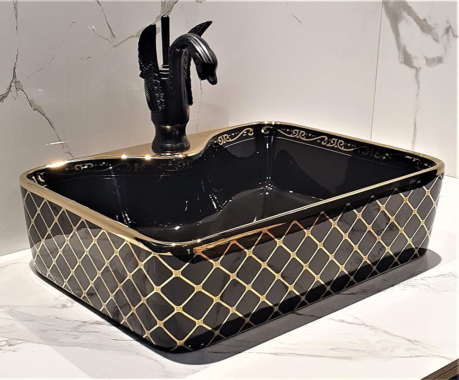 LACTOSE Ceramic Tabletop Wash Basin (13.5 x 37 x 48 In), Luxrious Rectangle Over the Counter Glossy Wash Basin, European Style Designer Counter Top Vessel Sink for Bathroom & Living Room (Black Gold) (B09HGS8LKL) Amazon Price History, Amazon Price Tracker
