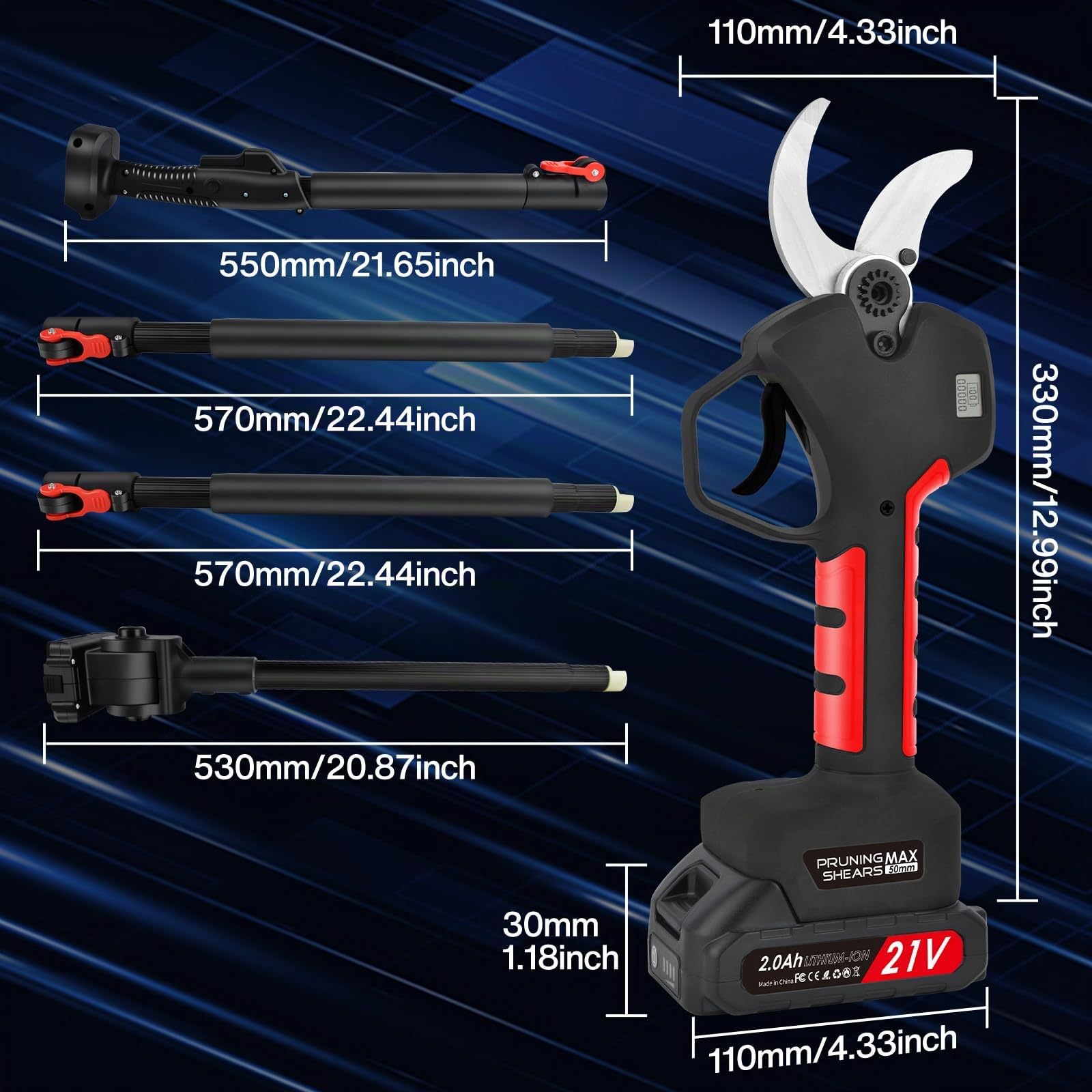 Tijera de Podar Electricas de 50mm con Alargador: Tijeras de Podar Bateria Profesional con 2 Baterías de 21V/2000 mAh-Podadora Eléctrica con pantalla LCD para Jardinería,Olivos Ramas(Negro)