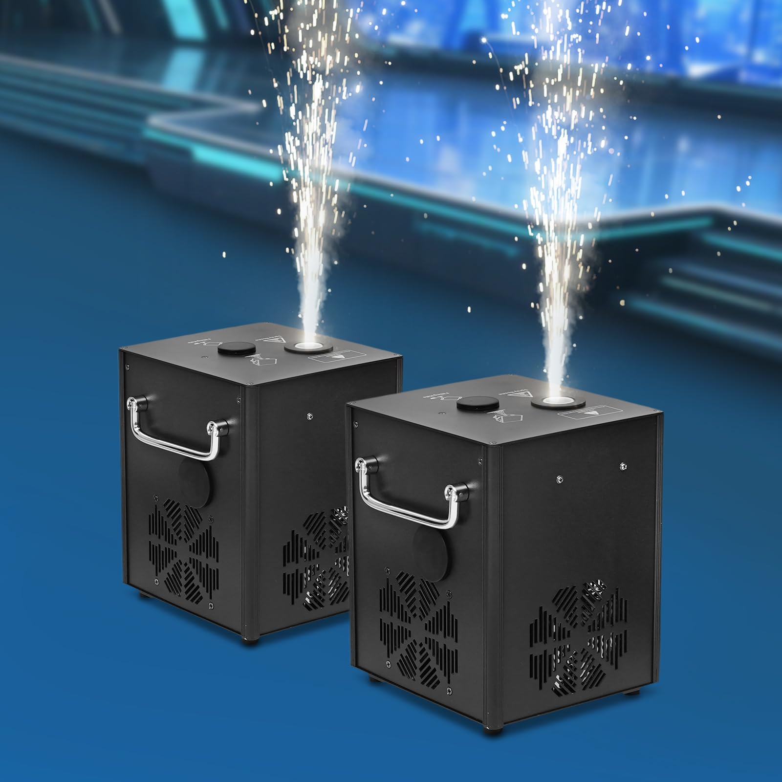 Set di 2 macchine pirotecniche con valigetta, 750 W, fuochi d'artificio freddi, DMX512 e telecomando, macchina da palcoscenico regolabile in altezza per matrimoni, feste, DJ, concerti, colore nero