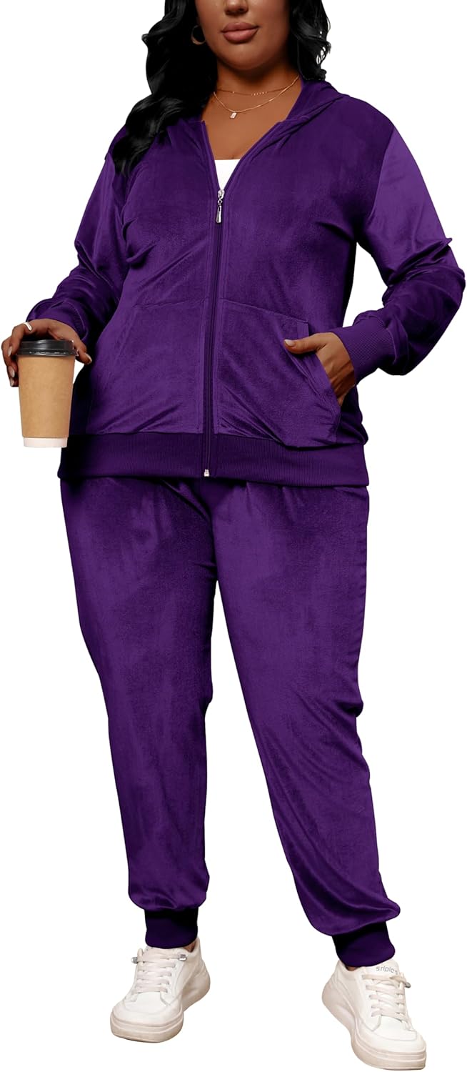Women's Plus Size Two Piece Outfits Velour Sweatsuits Sets Long Sleeve Loungewear Tracksuit Sets Purple 4X-Large Plus