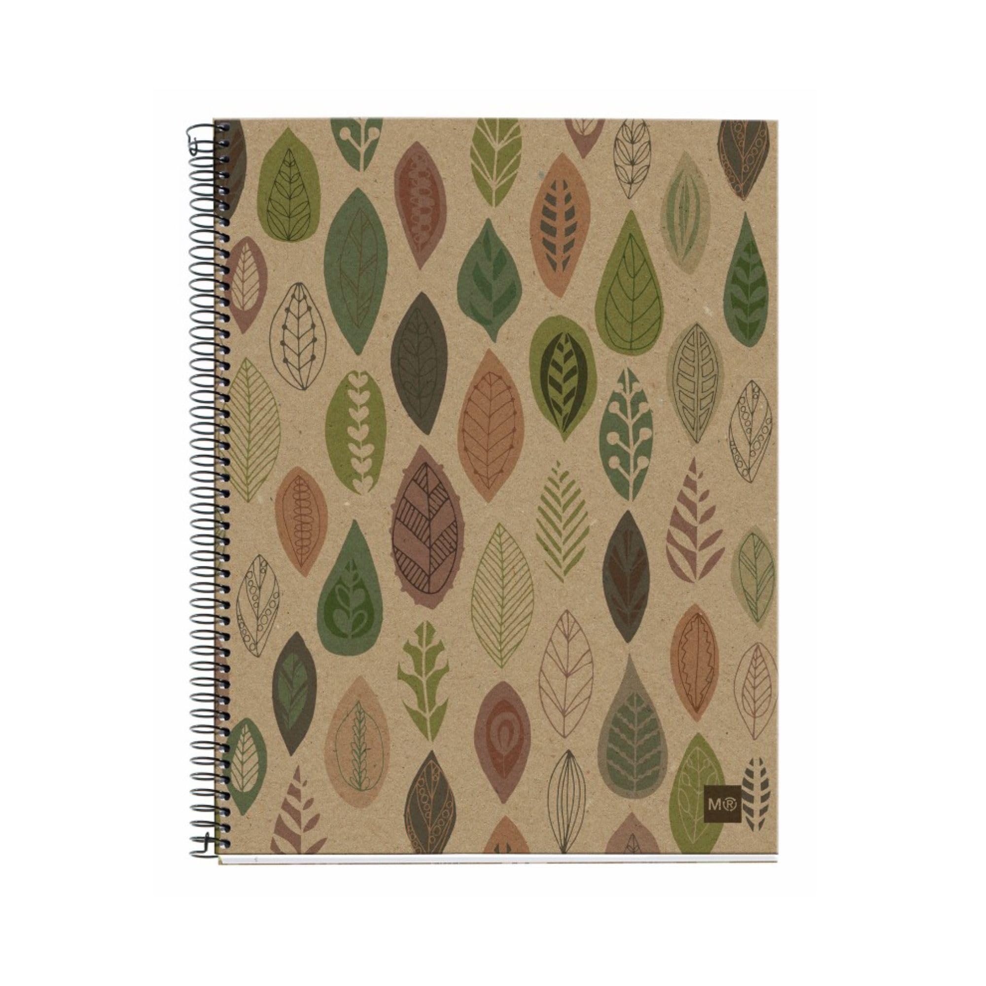 Miquel Rius M Recycled 4 Subject Notebook, Lined 11" x 8.5", 120 Sheets Heavyweight Paper, Subjects Separated by color, 3 Hole Punched, Micro-Perforated, Ecoleaves Design