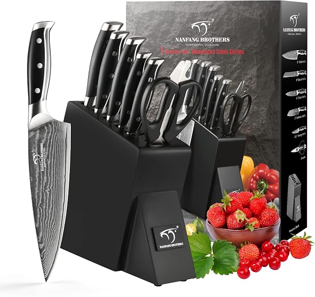 NANFANG BROTHERS Knife Set,7 Piece Damascus Kitchen Knife Set with Block,VG10 Steel Core with HRC 60 ± 2 Hardness,with Cooking Shears,Perfect Knife Set Gift