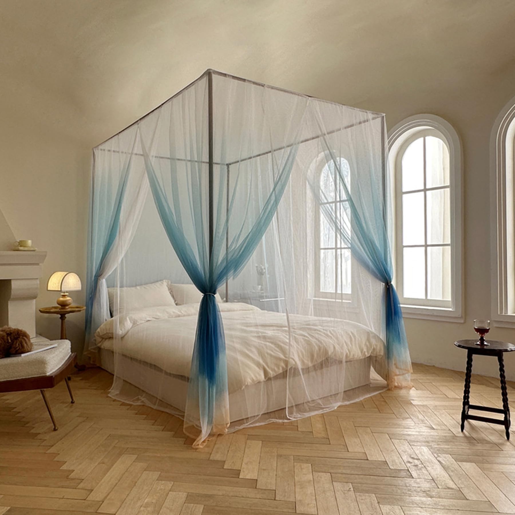 GJMSSMY bed tent，Baking Painted Canopy Bed Posts Full Size 4 Corner Bed Canopy Post Frame with Mosquito Net, Bedroom Decoration Accessories,Blue,Full