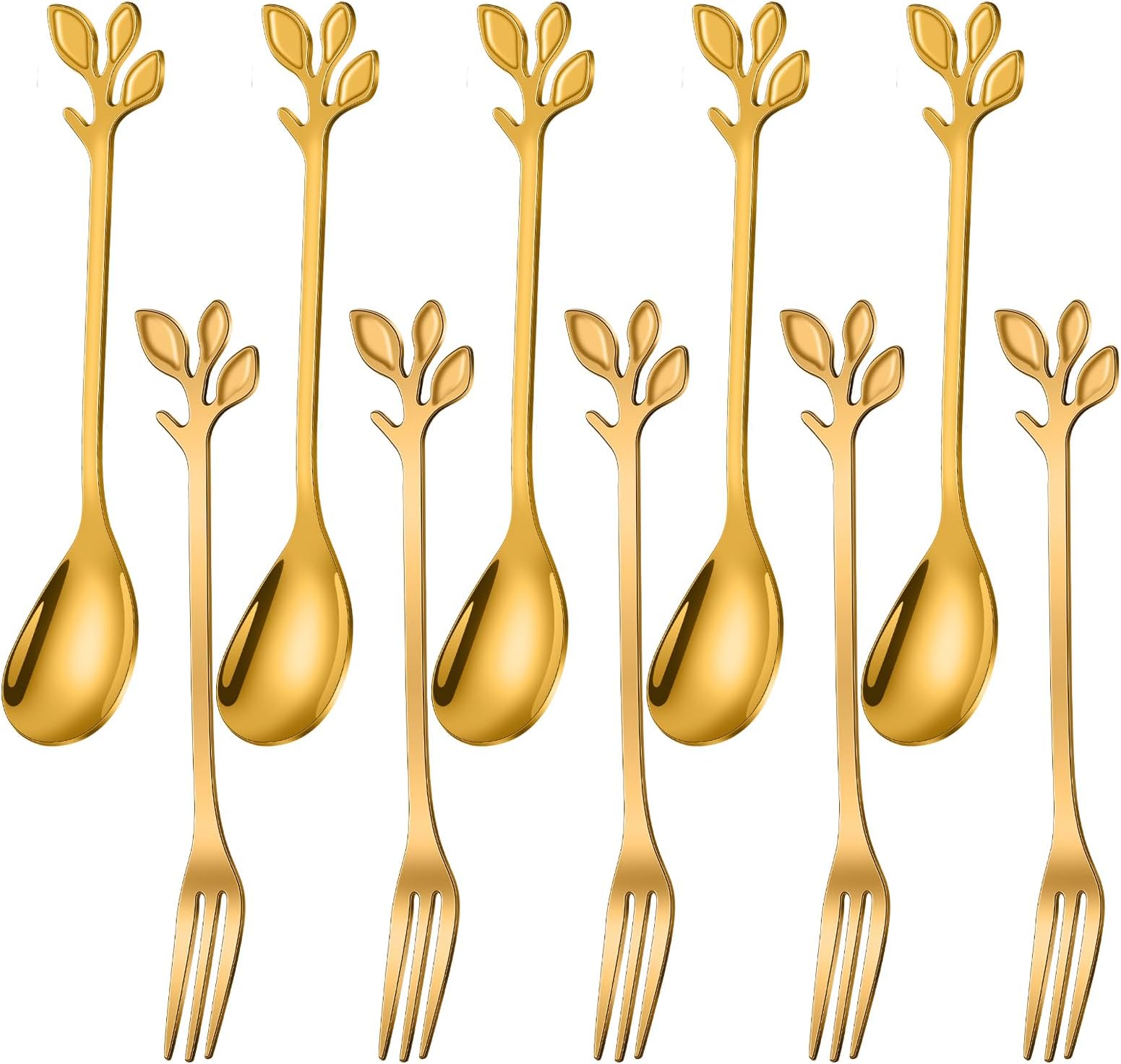 AnSaw 10-Pc Gold Mini Spoons & Forks Set, 4.7" - Stainless Steel, Leaf Handle, Ideal for Coffee,Tea, Appetizers, Tastings, Parties, Charcuterie & Cocktails