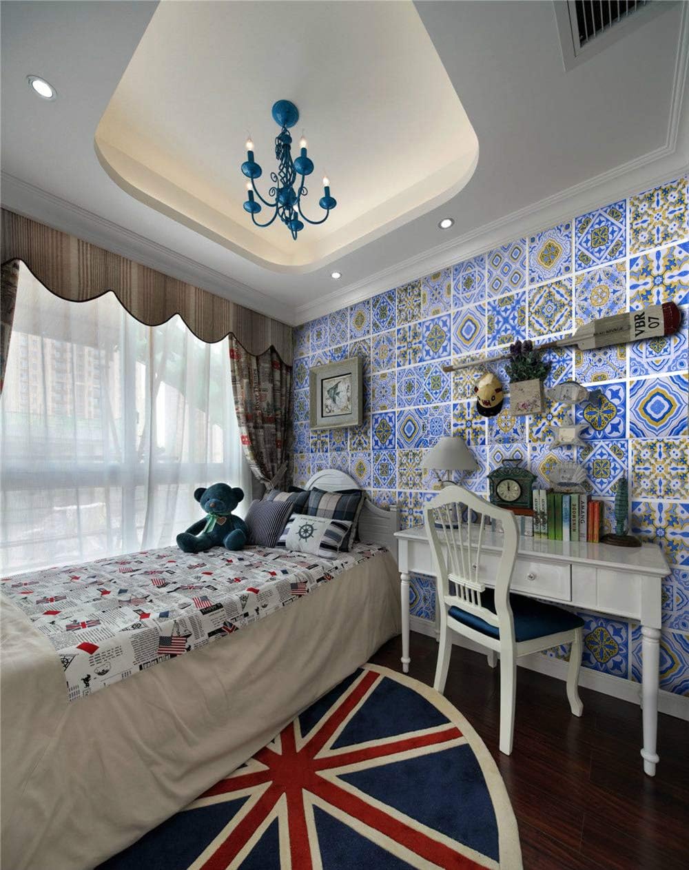Dundee Deco MGBHAZ-92662A Geometric Aegean Blue Gold White Shapes in Squares Peel and Stick Self Adhesive Removable Wallpaper Roll 18 Ft X 24 in (5.5m X 61cm), 36 Sq Ft (3.4sq. m)