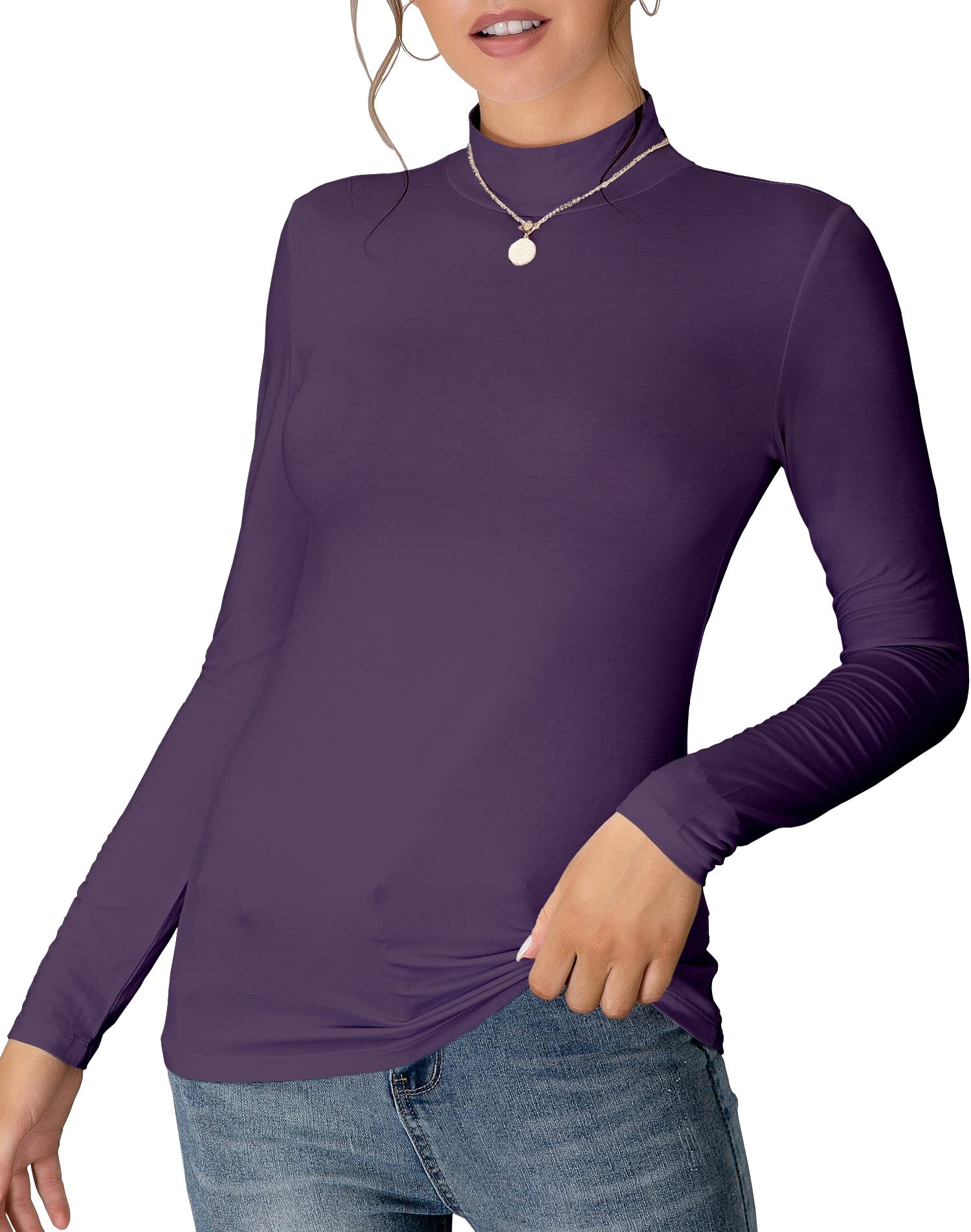 MANGDIUP Women's Mock Neck Long Sleeve/Sleeveless Top - Slim Fit Basic Soft T-Shirt (Sleeveless, Lavender Purple, Small)