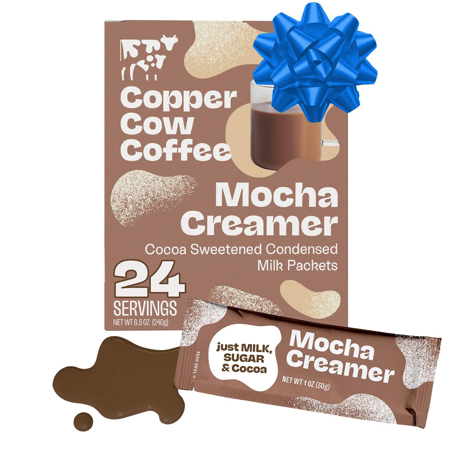 Copper Cow Coffee Sweetened Mocha Milk Creamer Singles (24 pack) | Vietnamese Inspired Coffee Creamer, All Natural Creamer Packets for Pour Overs & Lattes | No Refrigeration Needed, Travel Friendly