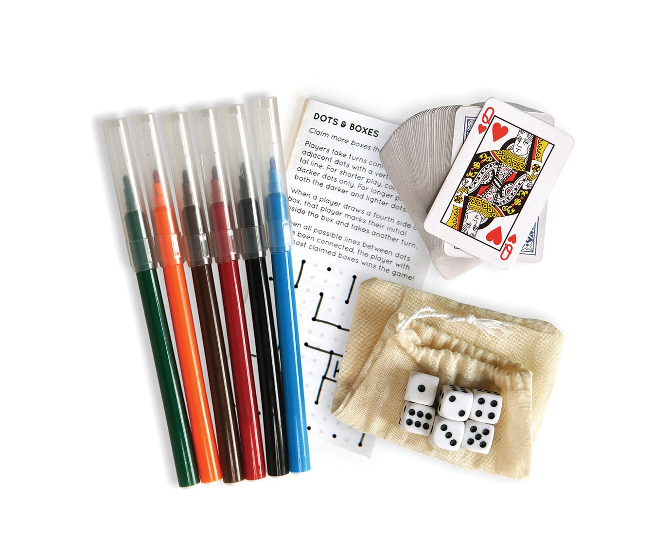 Three by Three jOTBLOCK Portable Stacked Paper Game Set: 6 Game Pads, 6 Color Markers, Mini Playing Cards, 6 Dice in Pouch & Rules, Non-Stop Fun on The Go