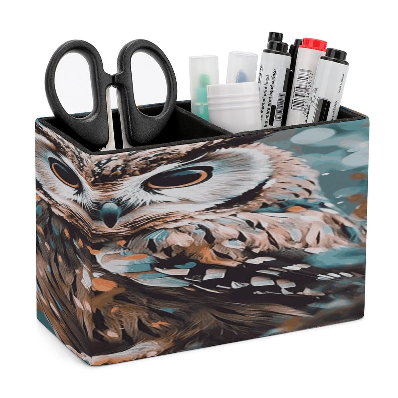 VstaDank Animal Cute Owl Pencil Holder for Desk(Double Slots) Fashion Leather Pencil Cup Simple Rectangular Shape Pen Holder Multi-Functional Pen Cup for Home Office Supplies Storage