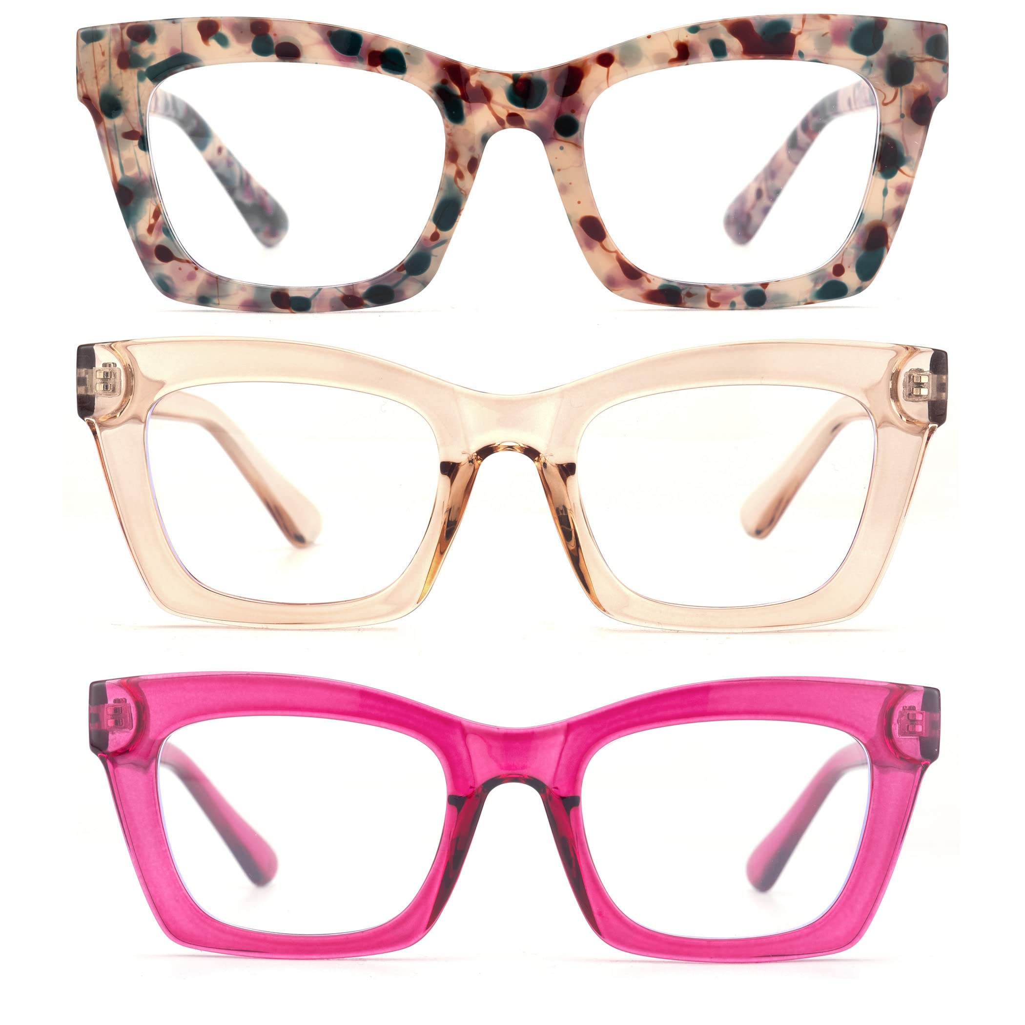 bullabulling 3 pack Oprah style Spring hinge Readers Blue Light Blocking Computer Square Reading Glasses for Women Men (flowers/tea/rose, 2.0)