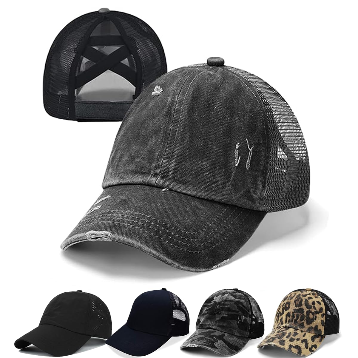 Criss Cross Hat Washed Distressed Baseball Cap Ponytail Hat High Messy Bun Ponycap for Women