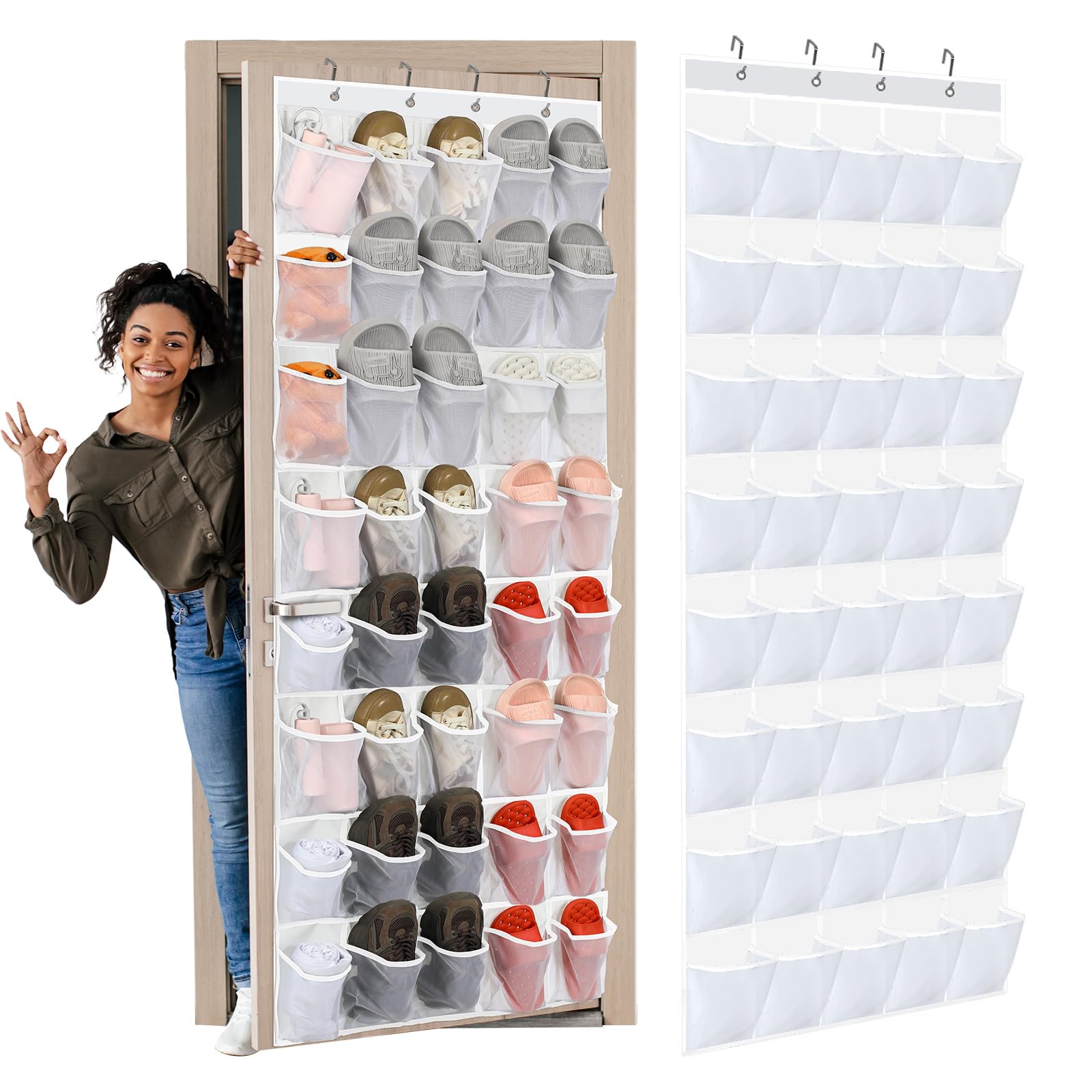 Windyun Organizador grande de zapatos para puerta, 40 bolsillos de malla blanca, organizador de zapatos para armario, soporte para zapatos detrás de la puerta, soporte antideslizante para zapatos