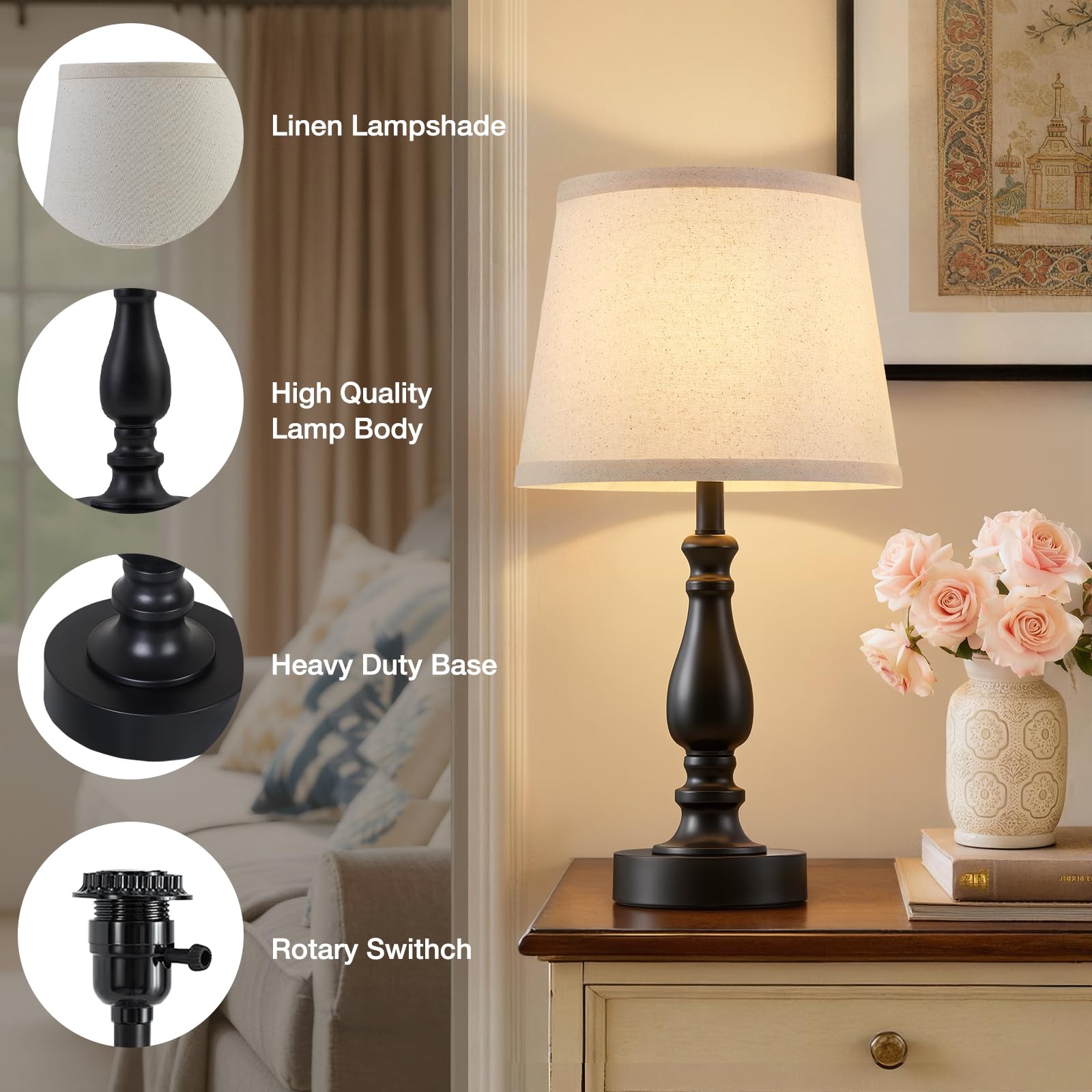 Set di 2 lampade da comodino piccole da 48,3 cm con interruttore rotante, lampade moderne per soggiorno, comodini, lampade da scrivania per casa e ufficio, con paralume in lino per lettura