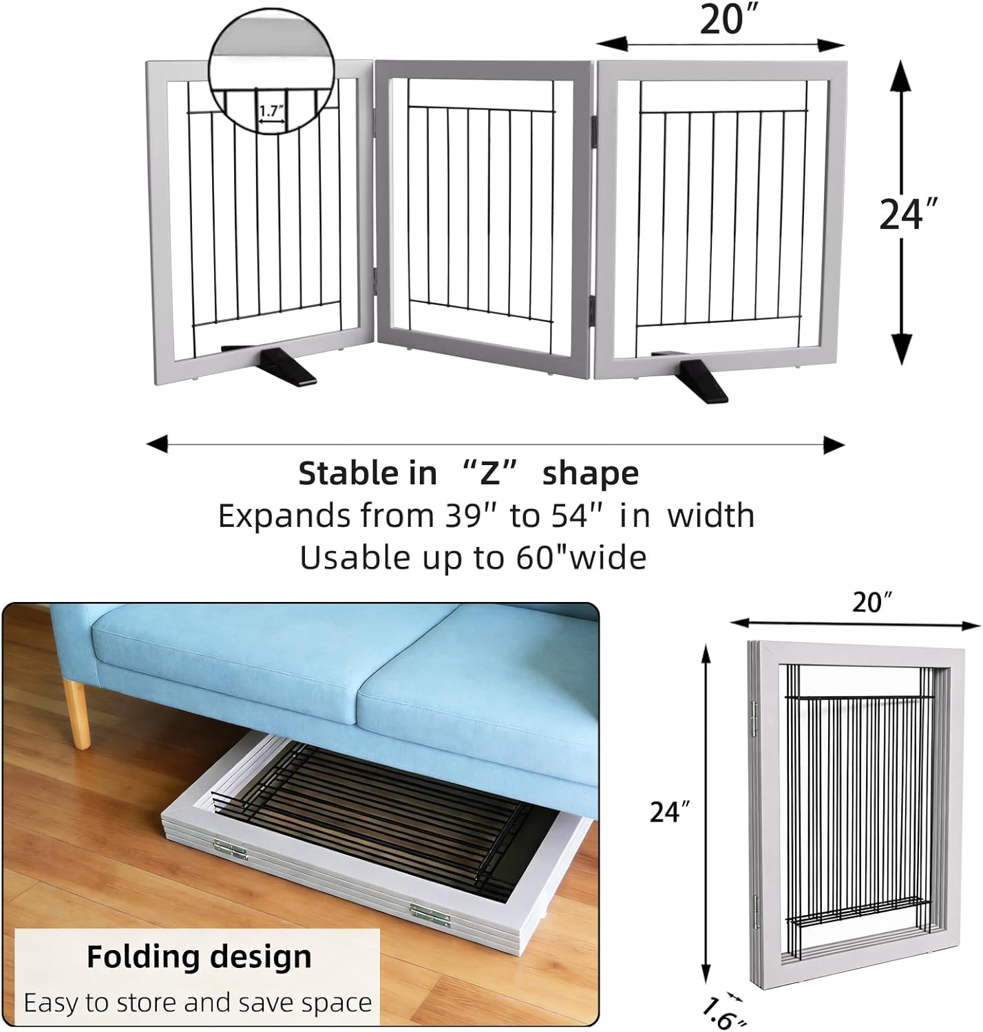 ZJSF Freestanding Dog Gate Indoor, Foldable Dog Fence for Doorways,Hallways or Stairs, Sturdy Wood Extra Wide Pet Gate with Support Feet,Grey,24 "Height-3 Panels