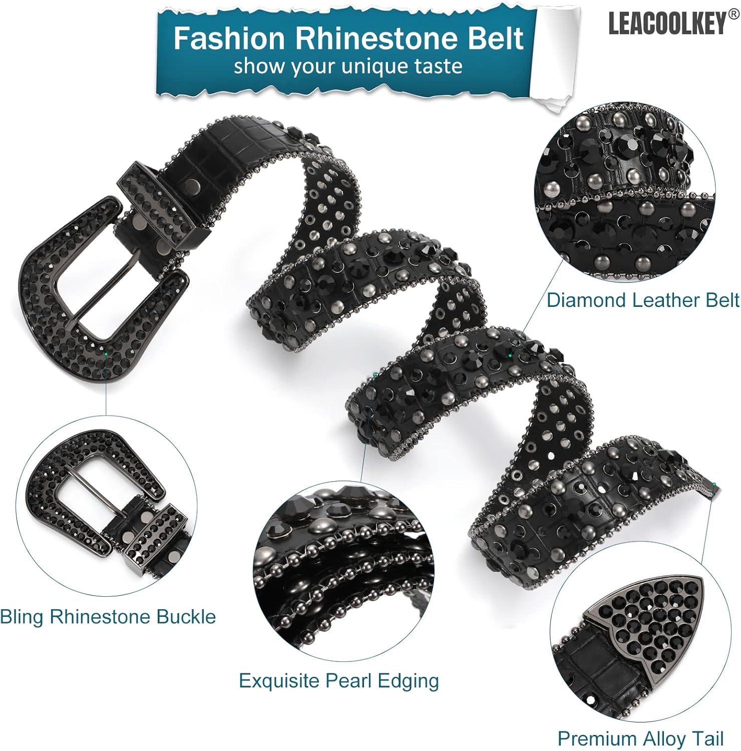LEACOOLKEY Western Cowgirl Rhinestone Belt for Jeans, Fashion Rhinestone Belt for Women & Men - Image 2