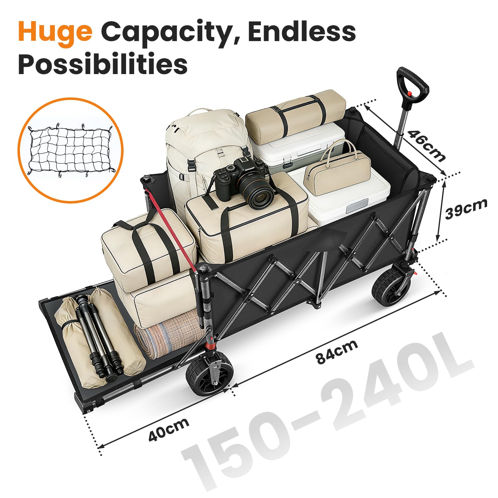 YEAUPE PRO Faltbarer Bollerwagen mit Feststellbremse – All-Terrain-Großräder, öffnendes Heck für Lange Gegenstände und Spanngurtnetz für Camping, Strand, Garten, Schwarz, 150-240L