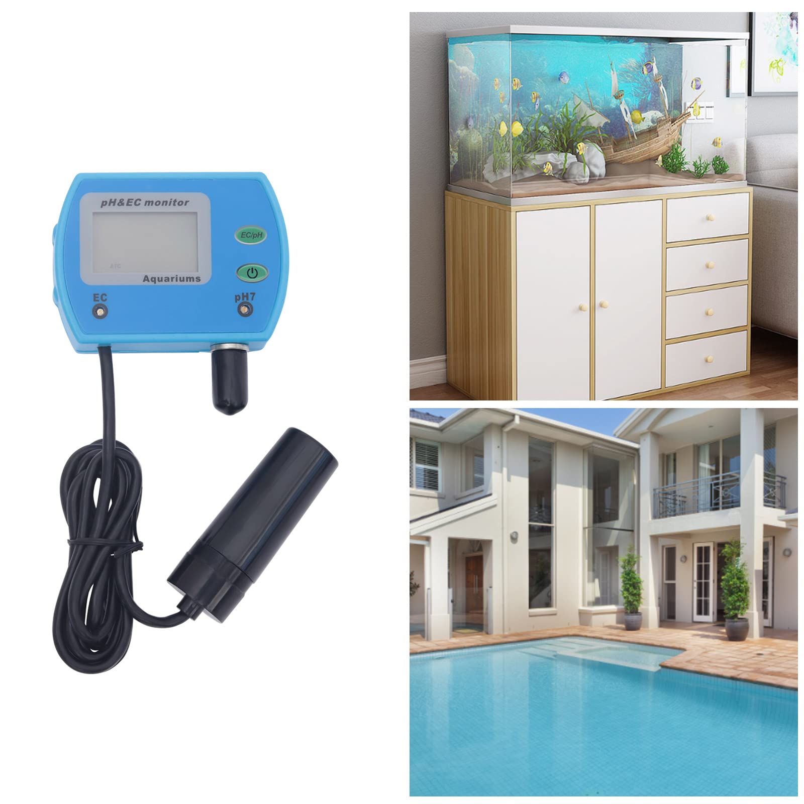 Probador de pH 2 en 1, 0-14 pH de acuario, con monitor de pH y 2 ventosas, controlador de pH de acuario, para estanques de peces, acuarios, hidropónicos, 7,5 x 5,5 x 2,8 cm