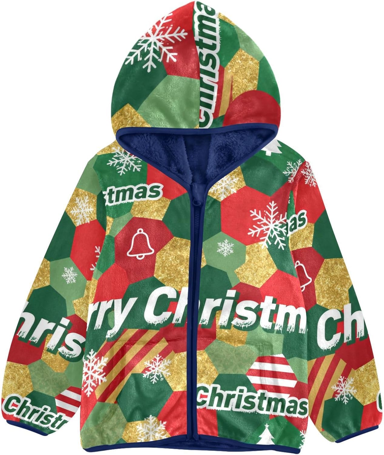 Merry Christmas Gold Sequins Toddler Fleece Jacket with Hood Children Dress Coat Navy Blue Baby Zipper Hoodie
