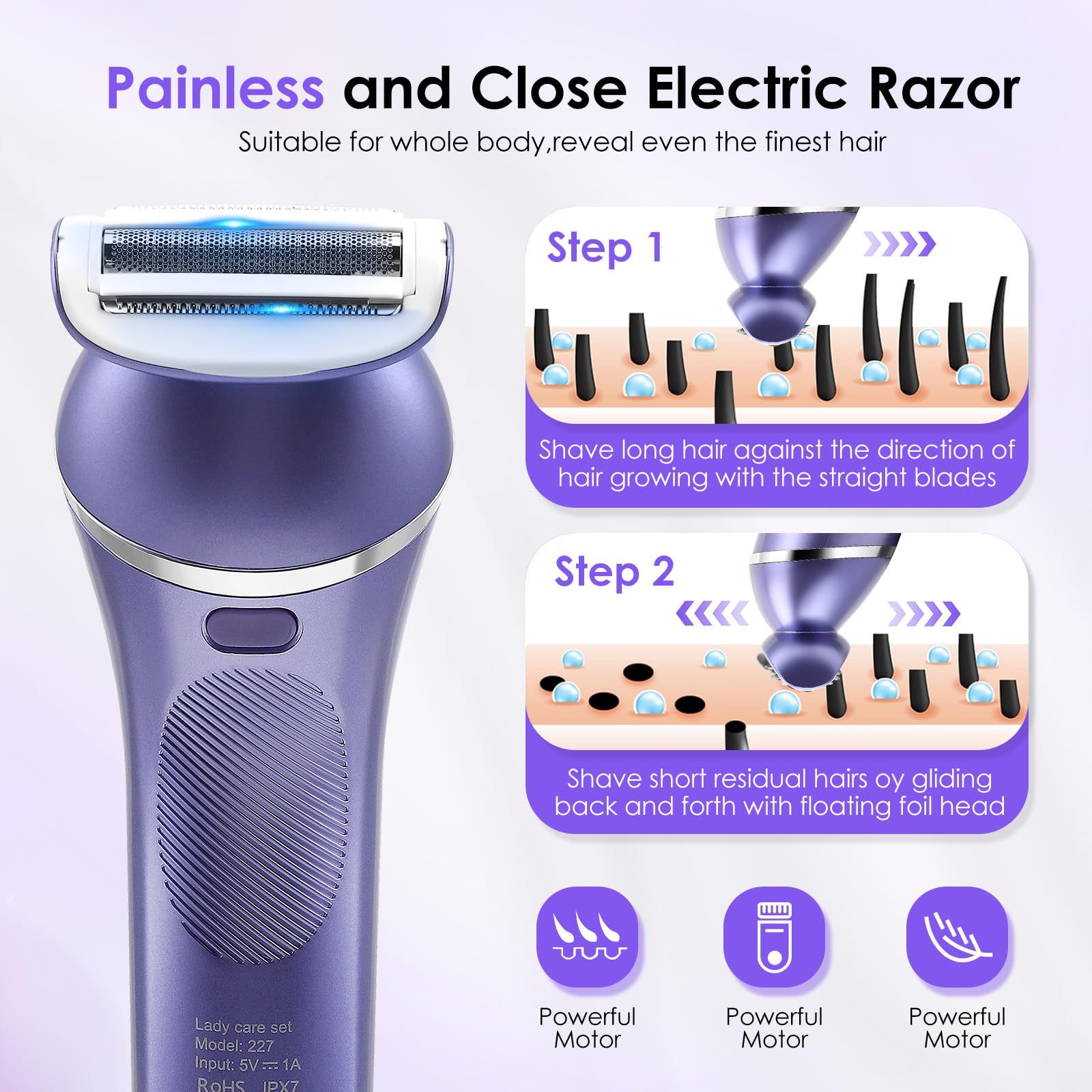 Set di epilatore 7 in 1 per donne, epilatore senza fili a umido e a secco con luce LED, epilatore per viso e corpo, impermeabile IPX7, autonomia 90 min