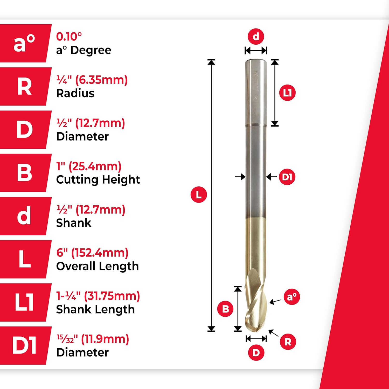 Amana Tool Extra Long CNC 2D and 3D Carving Ball Nose 0.10 Deg Straight Router Bit, ZrN Coated, 46493, 1/2 Dia x 1/4 Rad x 1 x 1/2 Shk x 6 L x 3 Fl