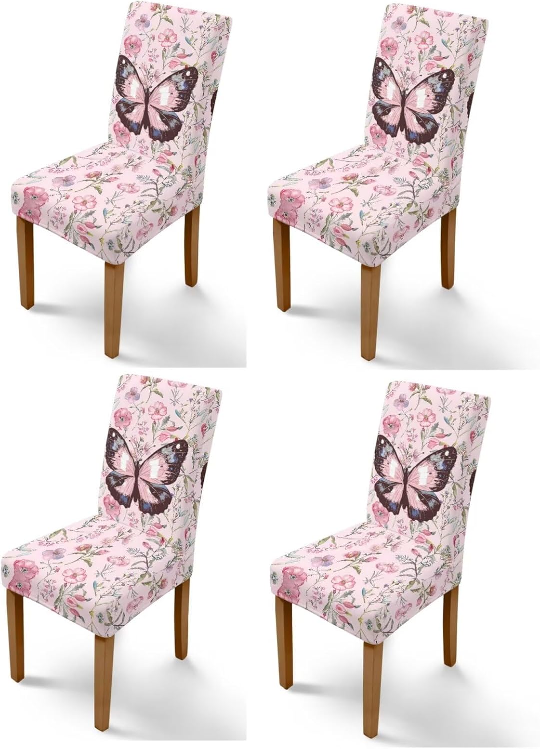 Rnyleeg Pink Floral Butterfly Chair Covers for Dining Chairs 4 Pack Dining Table Seat Covers Stretch Chair Slipcovers No Arms for Home Party Hotel Wedding Ceremony
