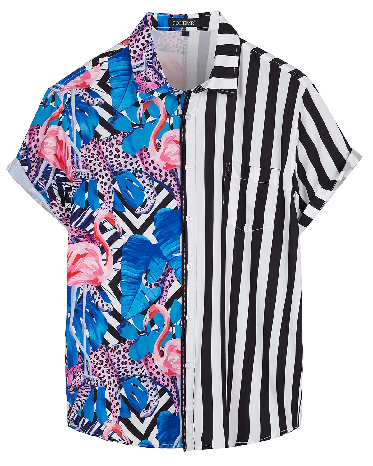 Mens Flamingo Hawaiian Shirt Funky Beach Button Down Casual Short Sleeve Summer Tropical Patchwork Shirt